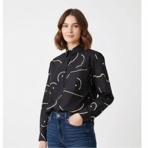 NEW Buru Courtland Black Contour Print Long Sleeve Collared Blouse Size Small